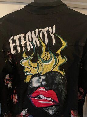 Cotton Edgy Black Denim Jacket, Kloud 9  with paint splatter & rhinestones